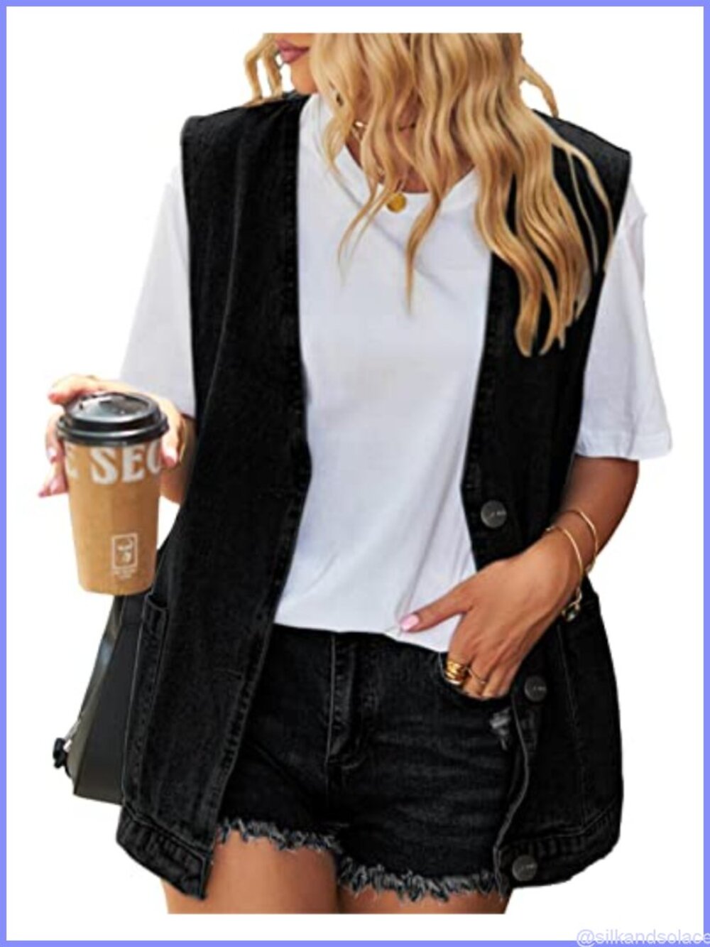 Oversized Lightweight Denim Vest Jacket Collarless Sleeveless Button Down Women